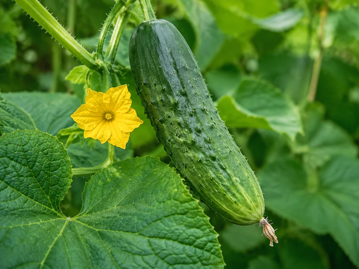 Green cucumber growing on the vine beside a yellow blossom